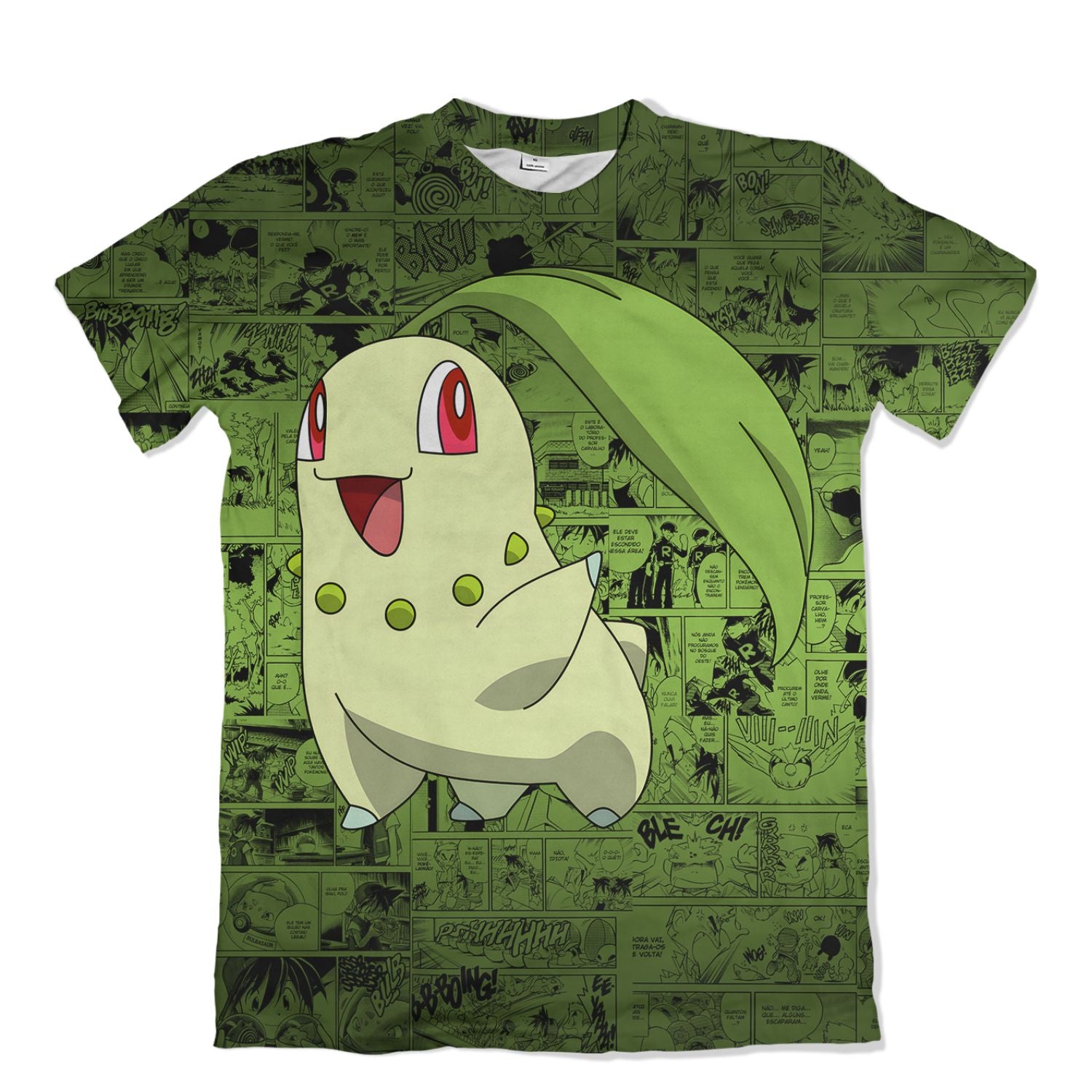 Camiseta Pokémon Chikorita, Mangá Verde Dry-Fit Premium Unissex