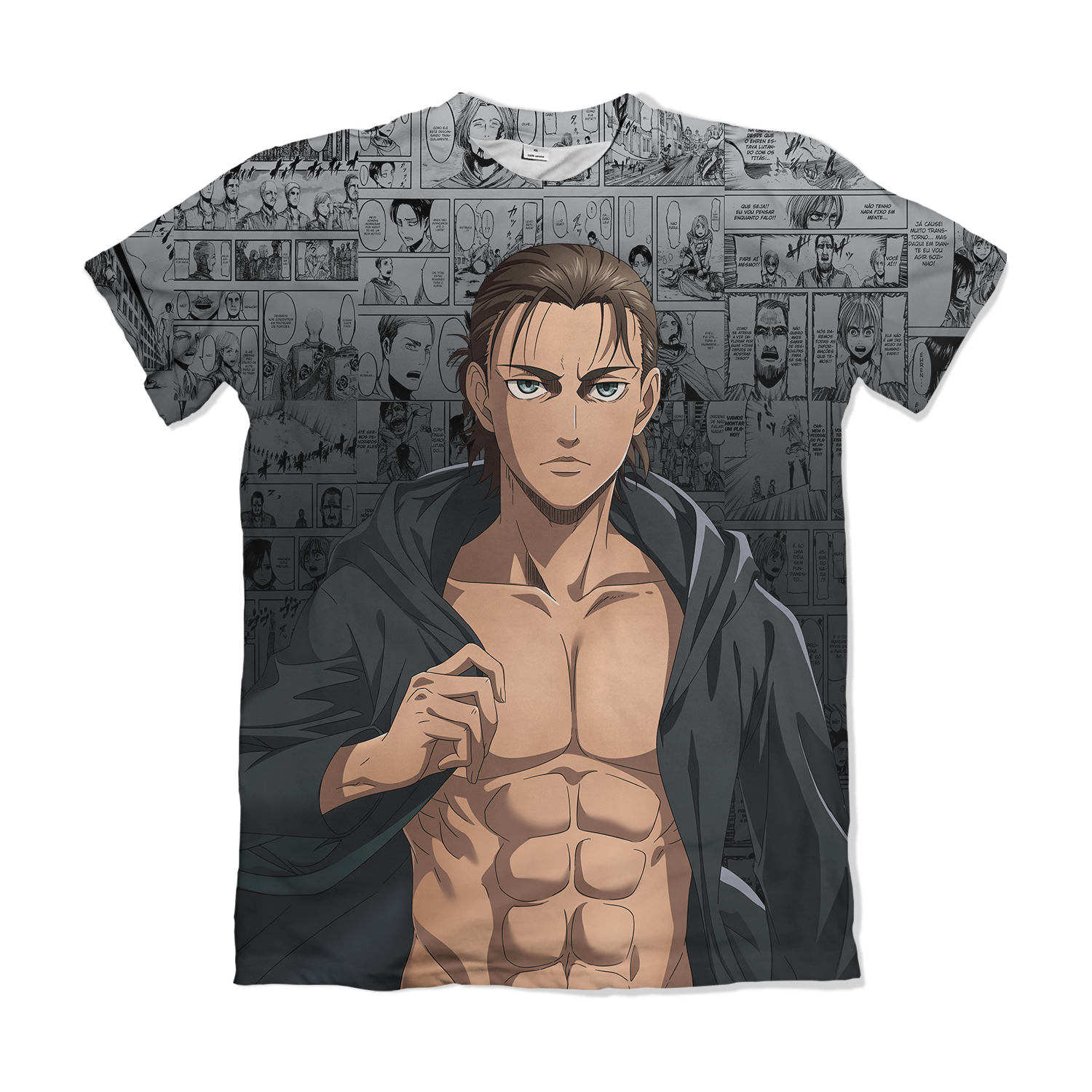 Camiseta Attack on Titan - Eren Yeager Sem Camisa - Cinza