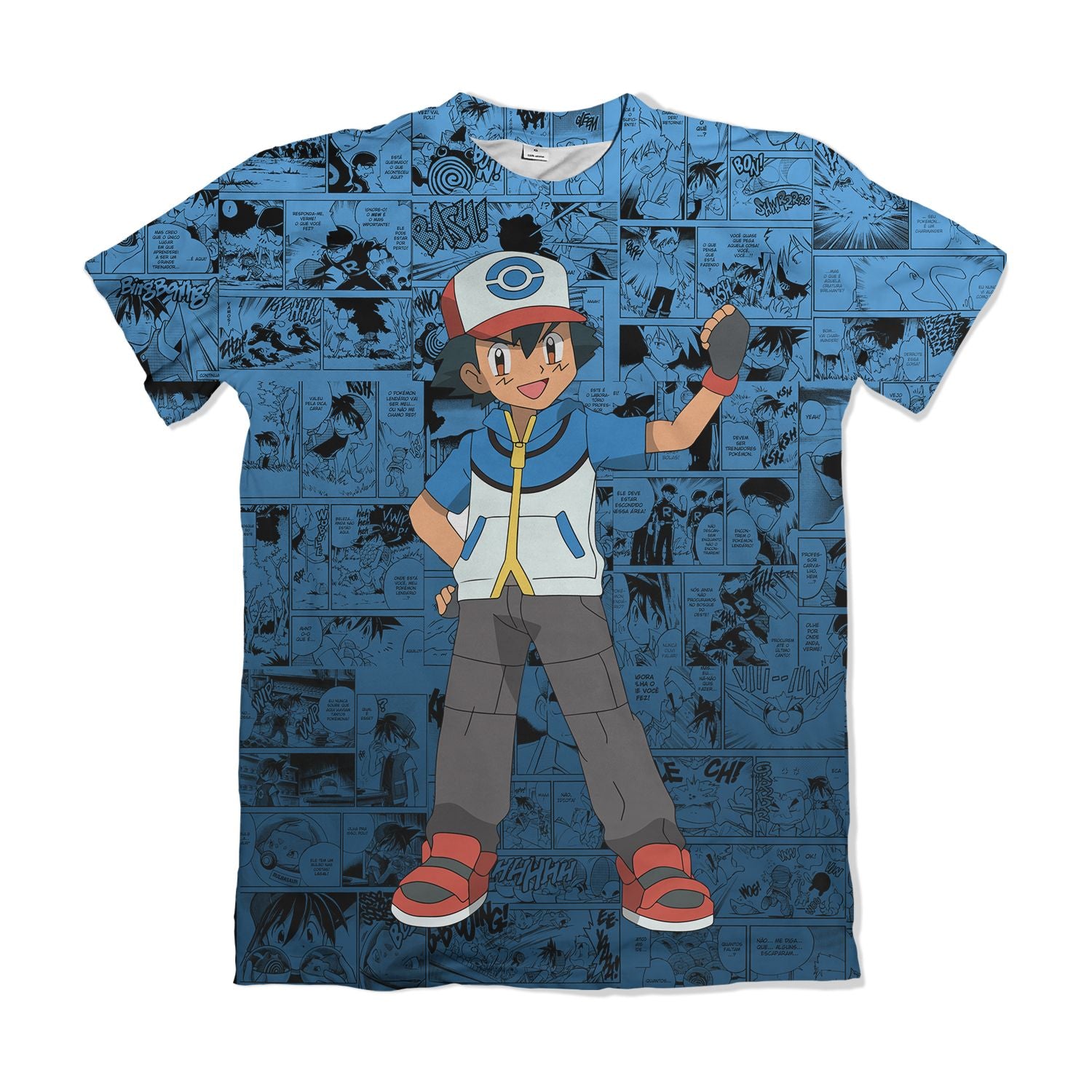 Camiseta Pokémon Ash Ketchum, Mangá Azul Dry-Fit Premium Unissex