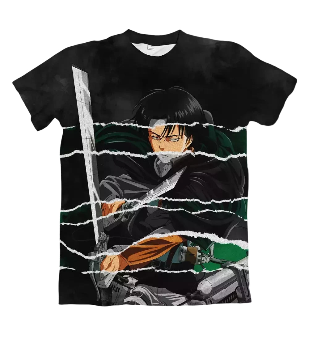 Camiseta Attack on Titan Levi Efeito Rasgado Dry-Fit Premium Unissex