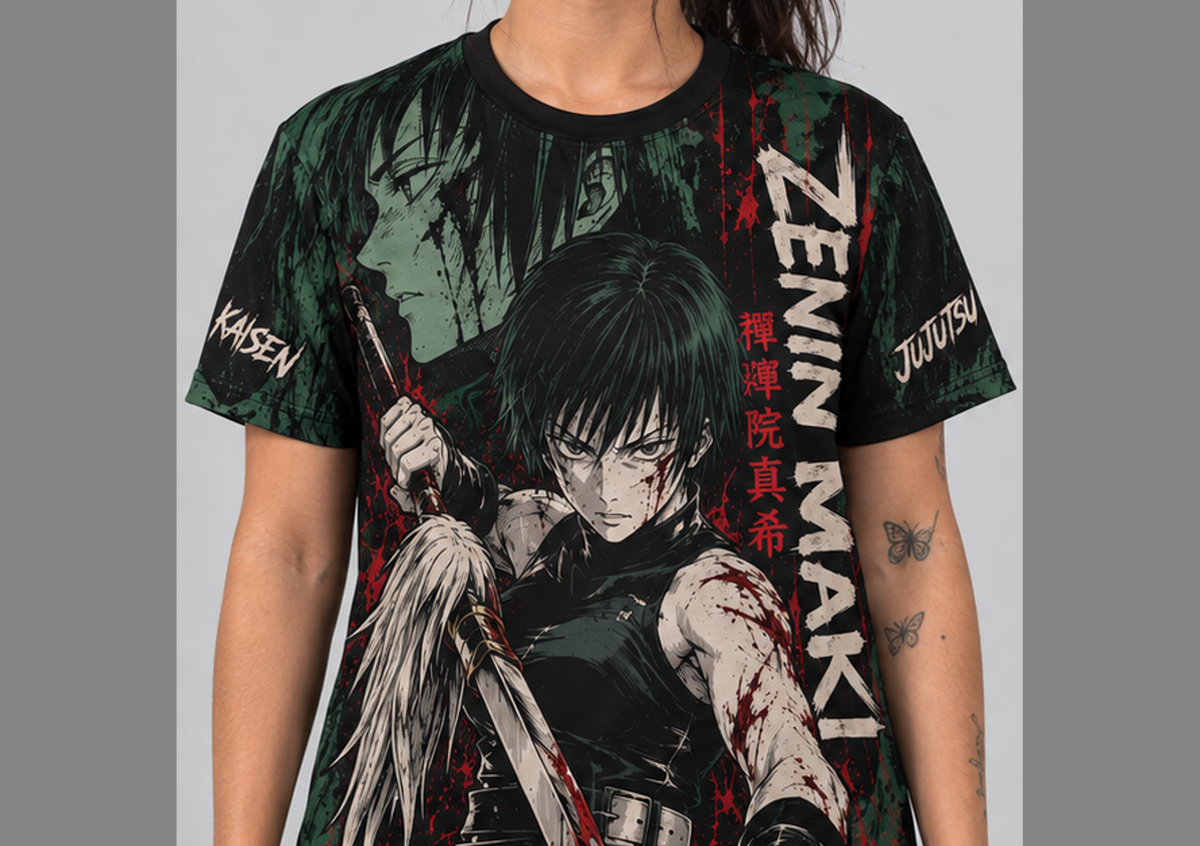 Camiseta Jujutsu Kaisen Maki Jogo do Abate Dry-Fit Premium Unissex — modelo frente
