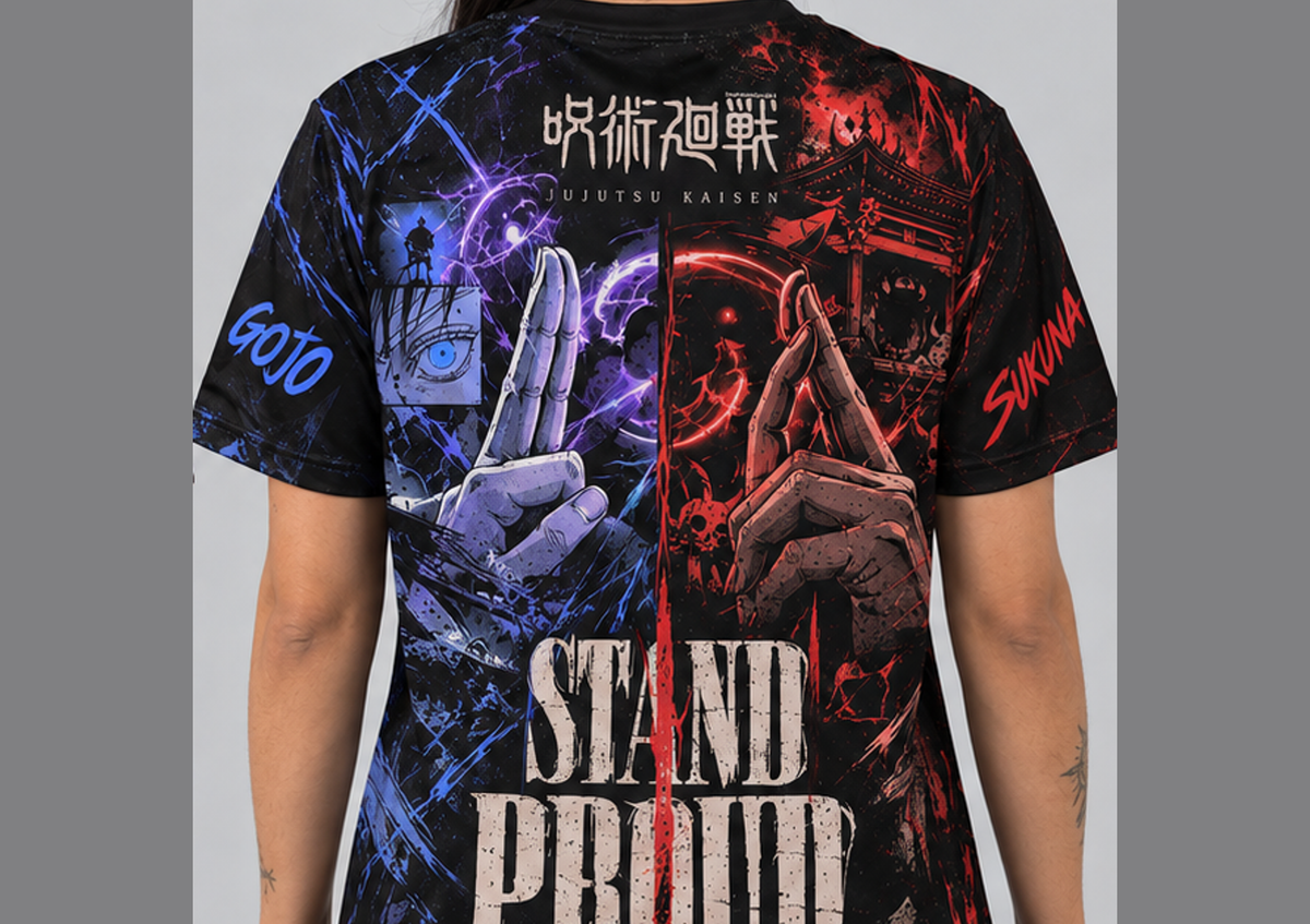 Camiseta Jujutsu Kaisen Sukuna x Gojo Jogo do Abate Dry-Fit Premium Unissex — modelo costas