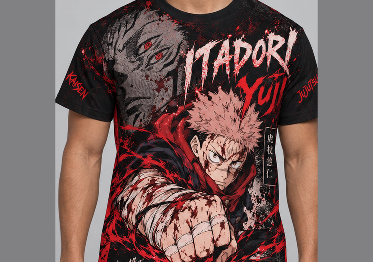 Camiseta Jujutsu Kaisen Yuji x Sukuna Jogo do Abate Dry-Fit Premium Unissex — modelo frente
