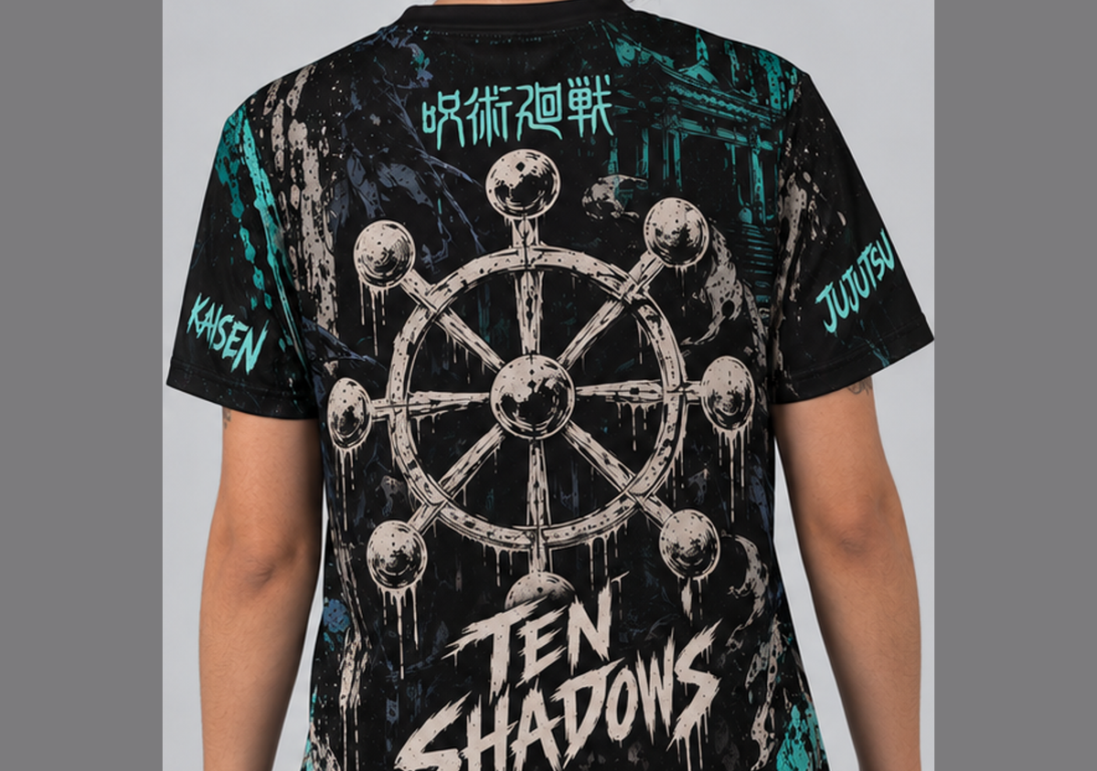 Camiseta Jujutsu Kaisen Megumi Jogo do Abate Dry-Fit Premium Unissex — modelo costas