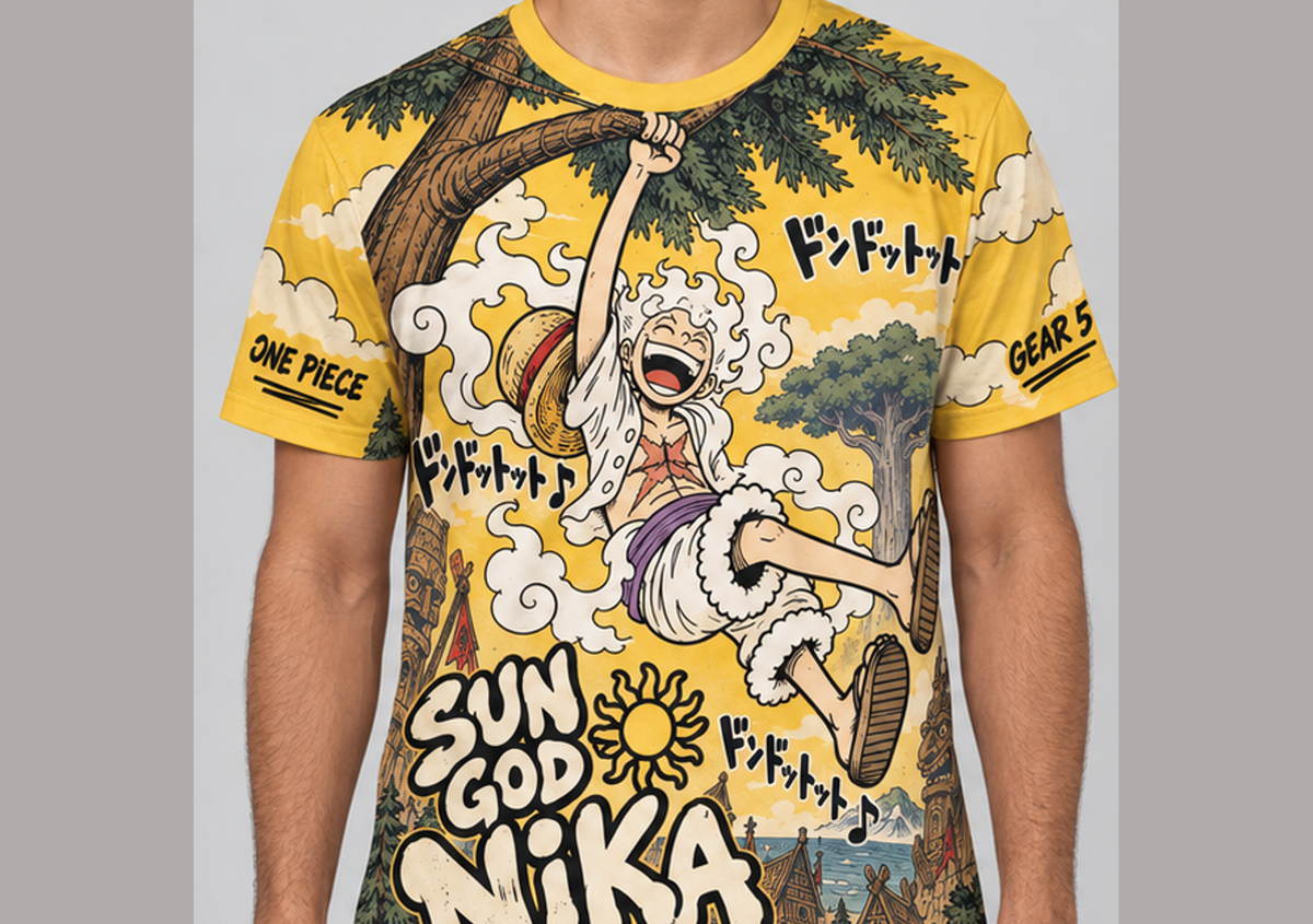 Camiseta One Piece Luffy Nika Elbaf Dry-Fit Premium Unissex — modelo frente