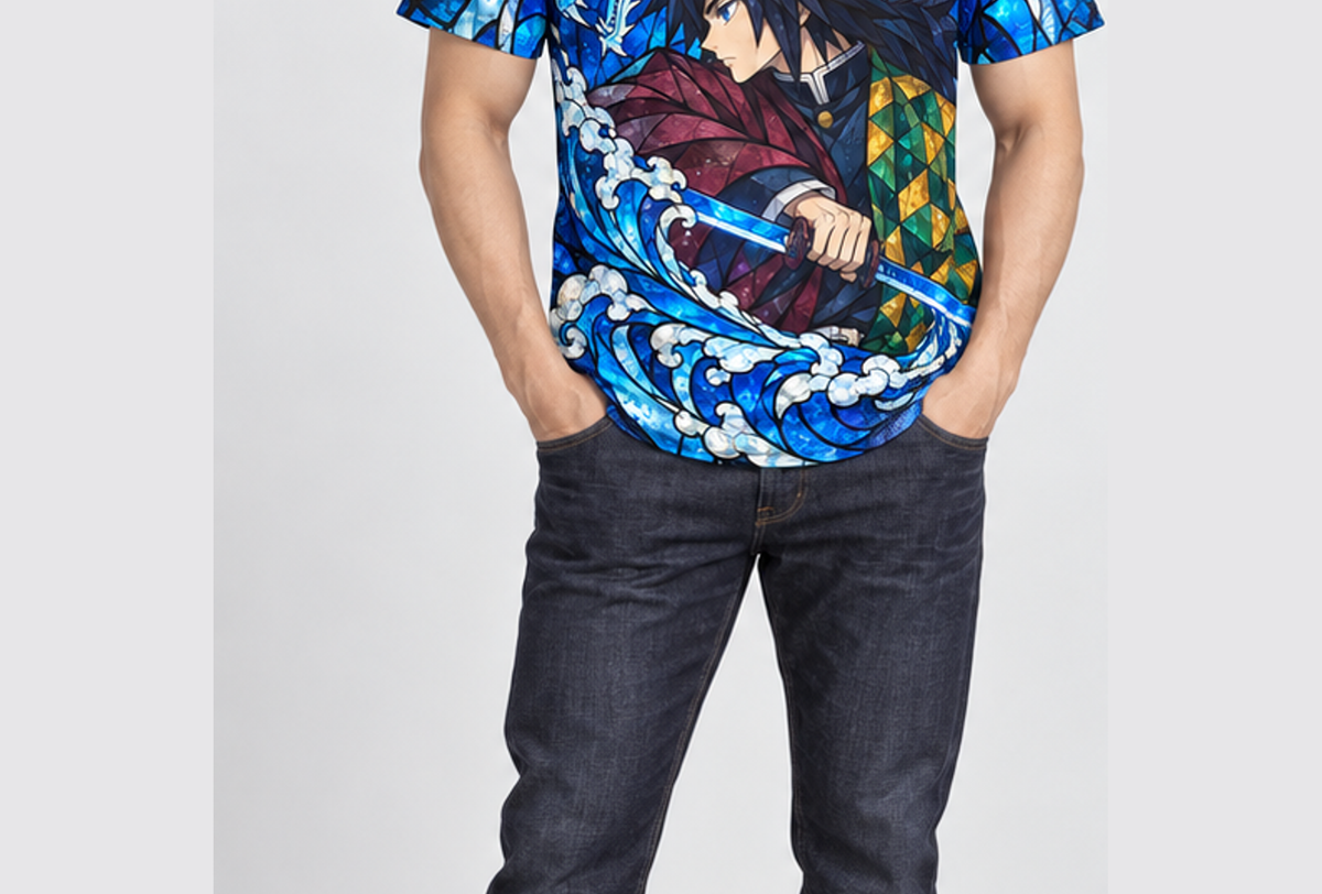 Camiseta Demon Slayer Giyu Vitral da Água Castelo Infinito Dry-Fit Premium Unissex — modelo frente