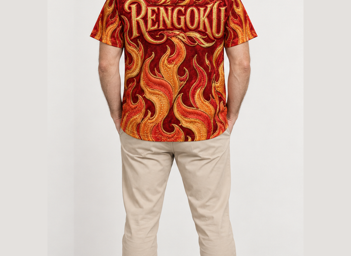 Camiseta Demon Slayer Rengoku Chamas Castelo Infinito Dry-Fit Premium Unissex — modelo costas