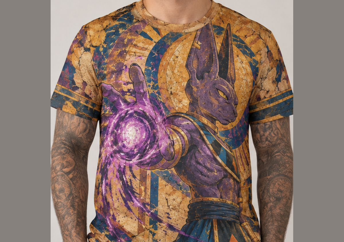 Camiseta Dragon Ball Beerus Egípcio Era Beerus Dry-Fit Premium Unissex — modelo frente