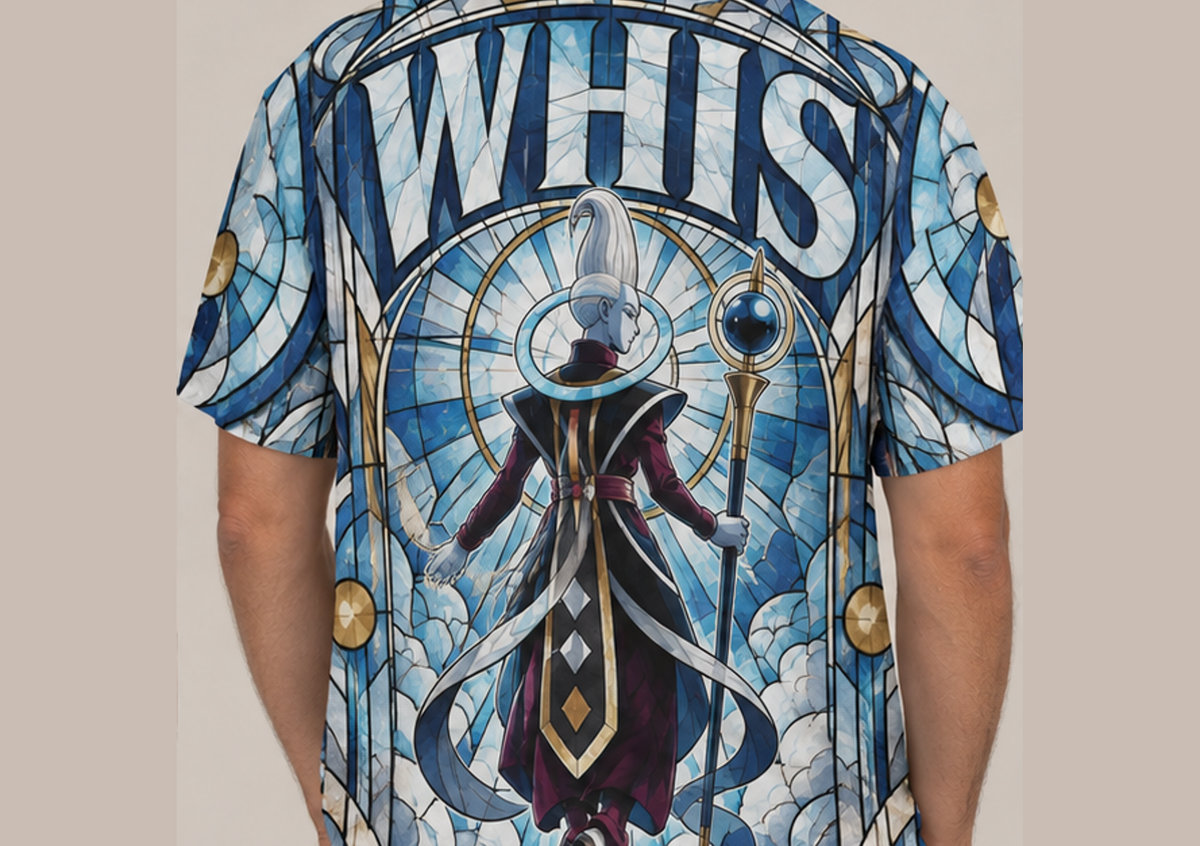 Camiseta Dragon Ball Whis Vitral Era Beerus Dry-Fit Premium Unissex — modelo costas