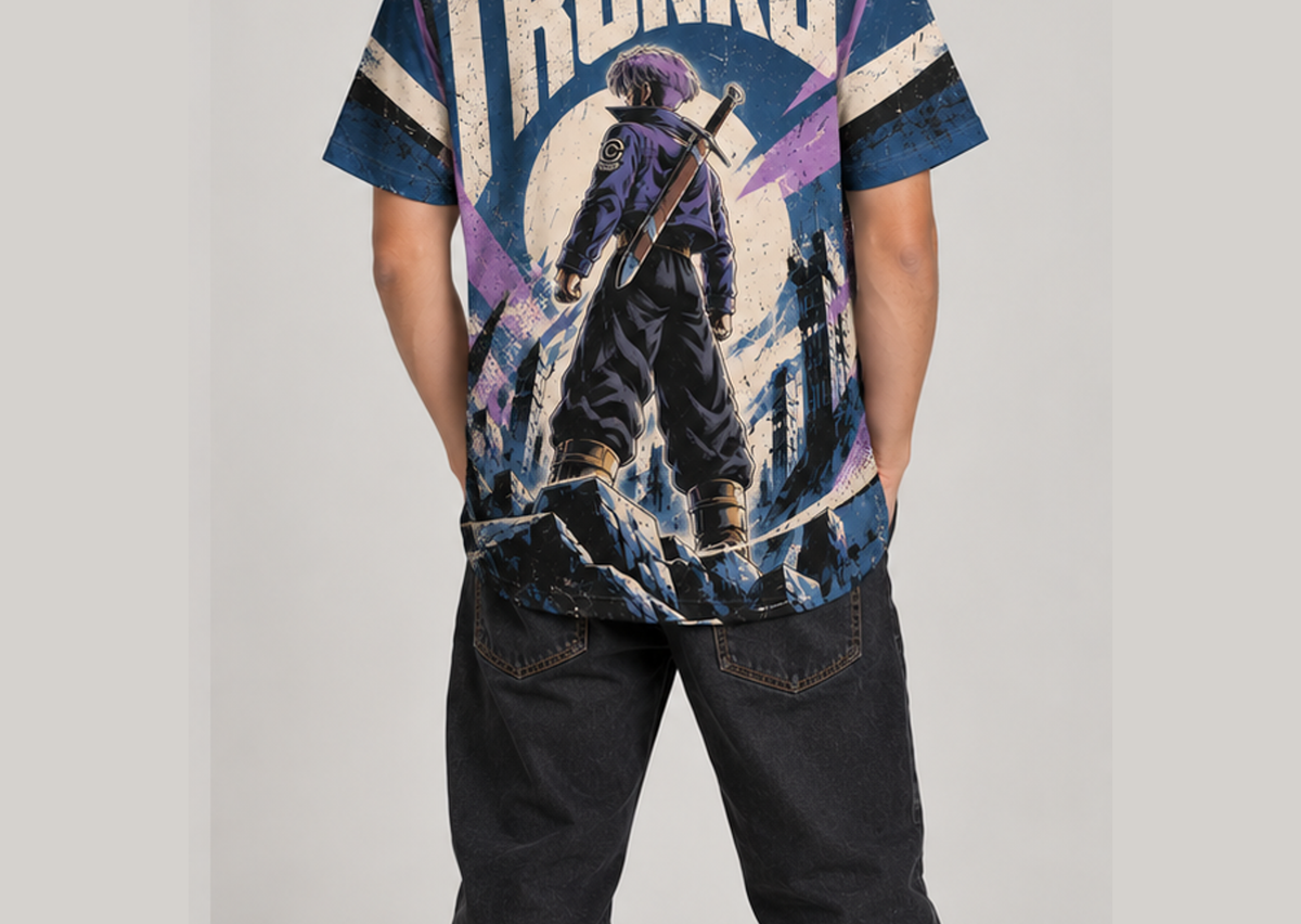 Camiseta Dragon Ball Trunks Construtivista Era Beerus Dry-Fit Premium Unissex — modelo costas
