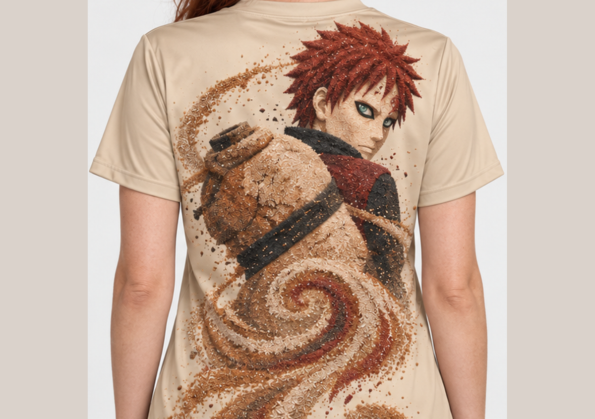 Camiseta Naruto Gaara Areia Chakra Dry-Fit Premium Unissex — modelo costas