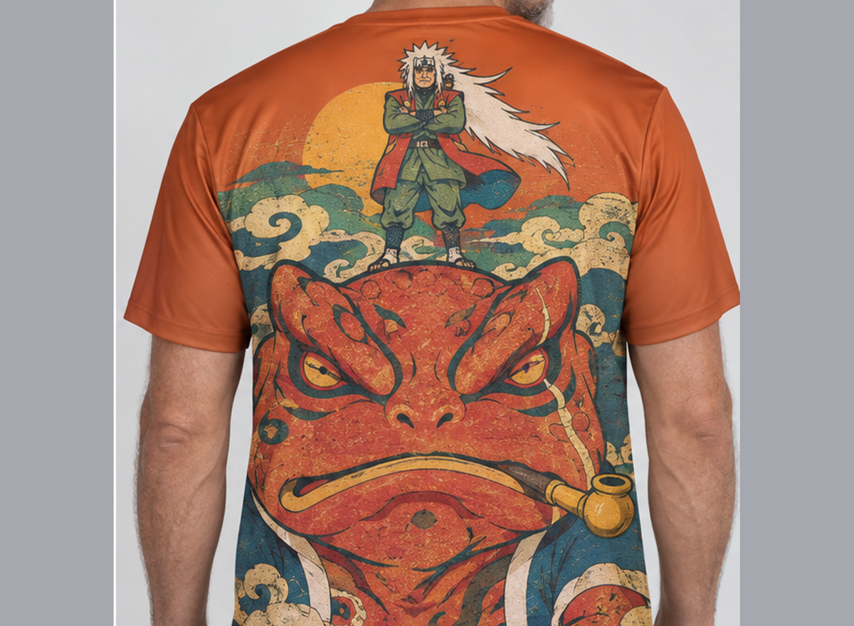 Camiseta Naruto Jiraiya e Gamabunta Chakra Dry-Fit Premium Unissex — modelo costas