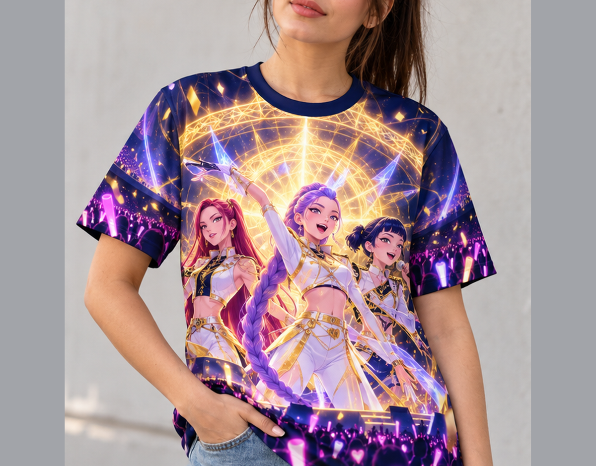 Camiseta K-Pop Demon Hunters Golden no Palco Guerreiras do K-Pop Dry-Fit Premium Unissex — modelo frente