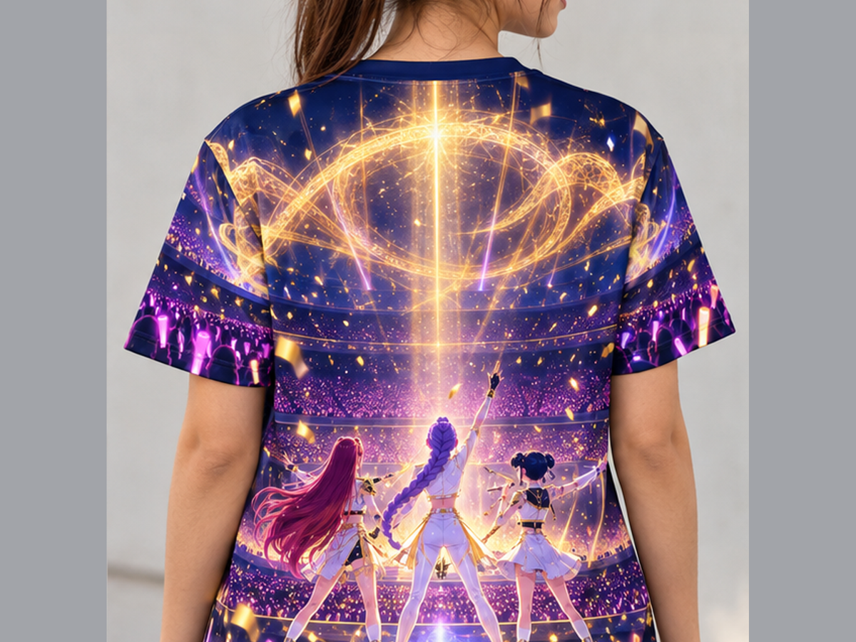 Camiseta K-Pop Demon Hunters Golden no Palco Guerreiras do K-Pop Dry-Fit Premium Unissex — modelo costas