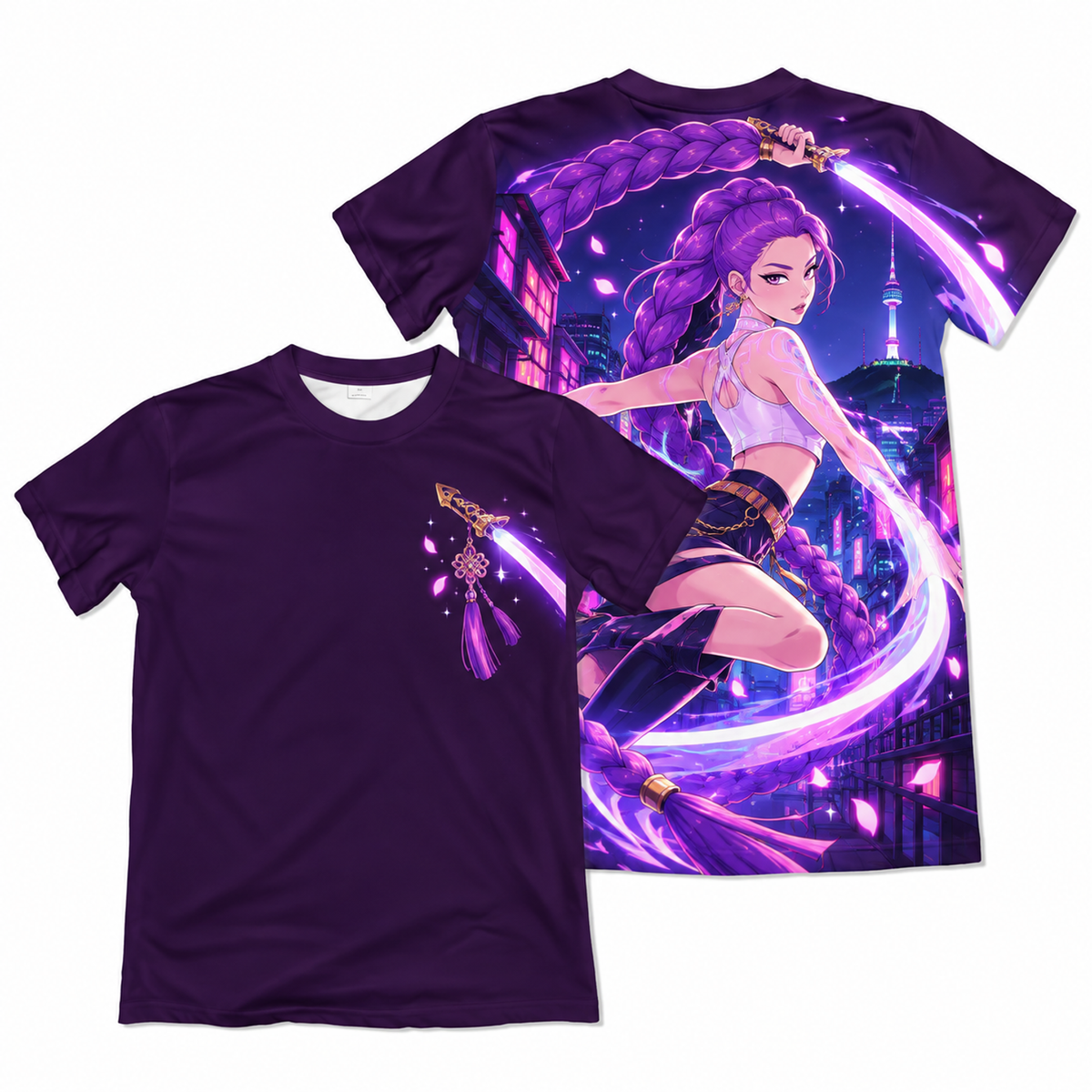 Camiseta K-Pop Demon Hunters Rumi Trança Roxa Guerreiras do K-Pop Dry-Fit Premium Unissex