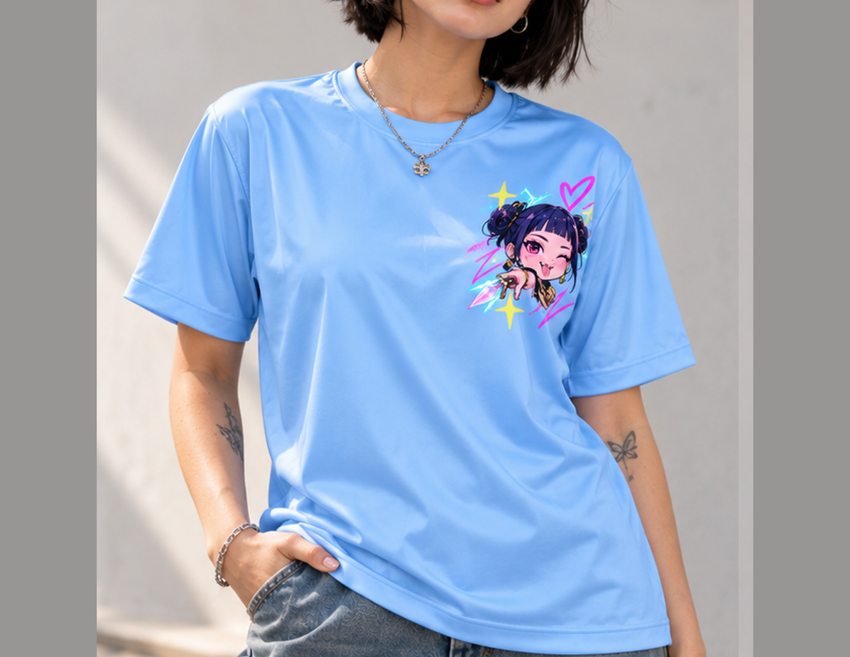Camiseta K-Pop Demon Hunters Zoey Shin-Kal Guerreiras do K-Pop Dry-Fit Premium Unissex — modelo frente