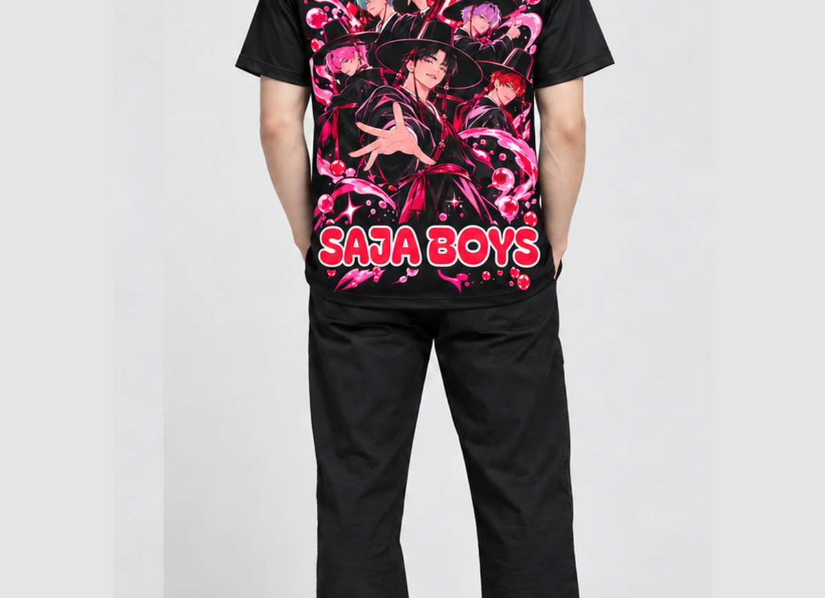 Camiseta K-Pop Demon Hunters Saja Boys Lata de Soda Guerreiras do K-Pop Dry-Fit Premium Unissex — modelo costas