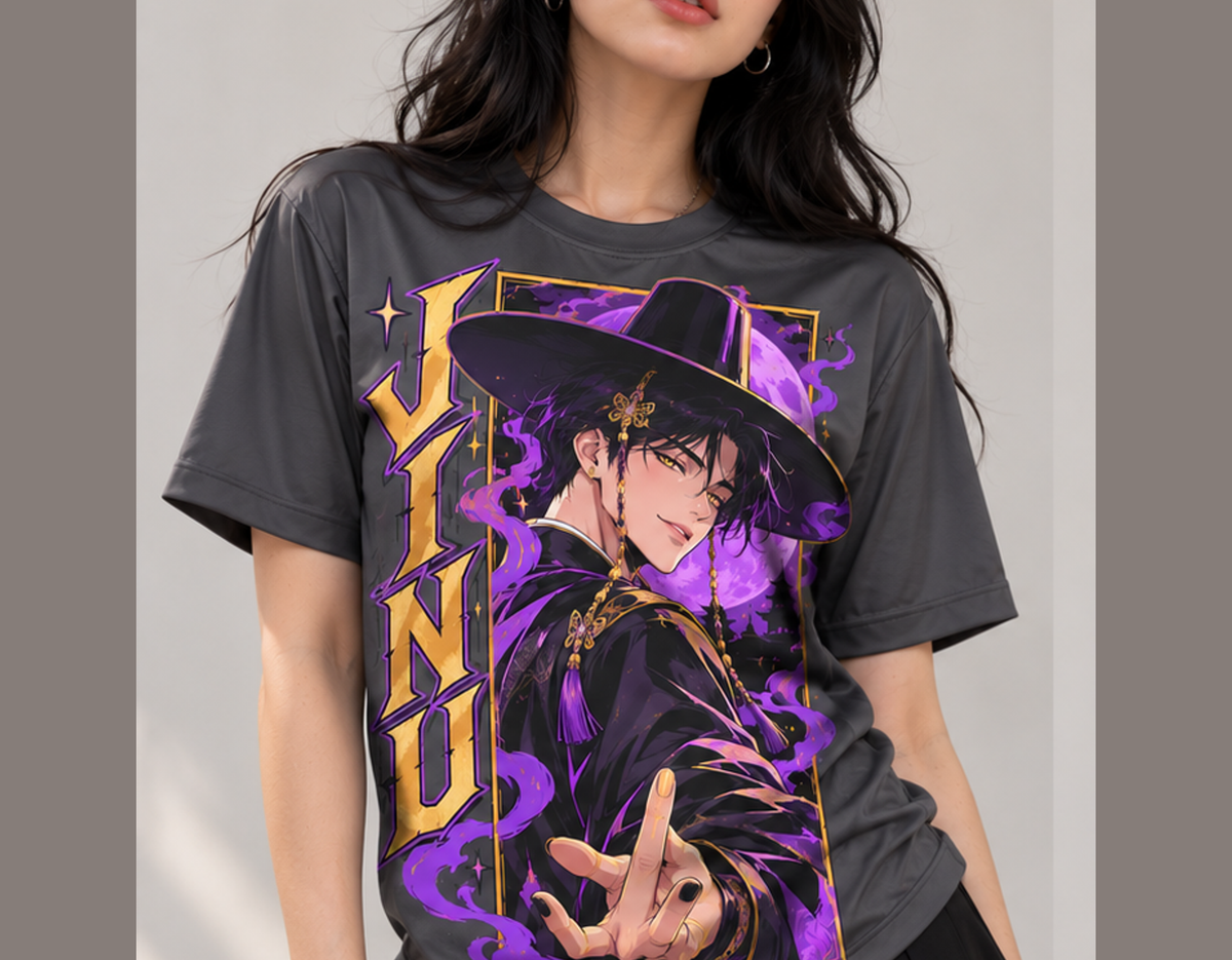 Camiseta K-Pop Demon Hunters Jinu Pôster Guerreiras do K-Pop Dry-Fit Premium Unissex — modelo frente