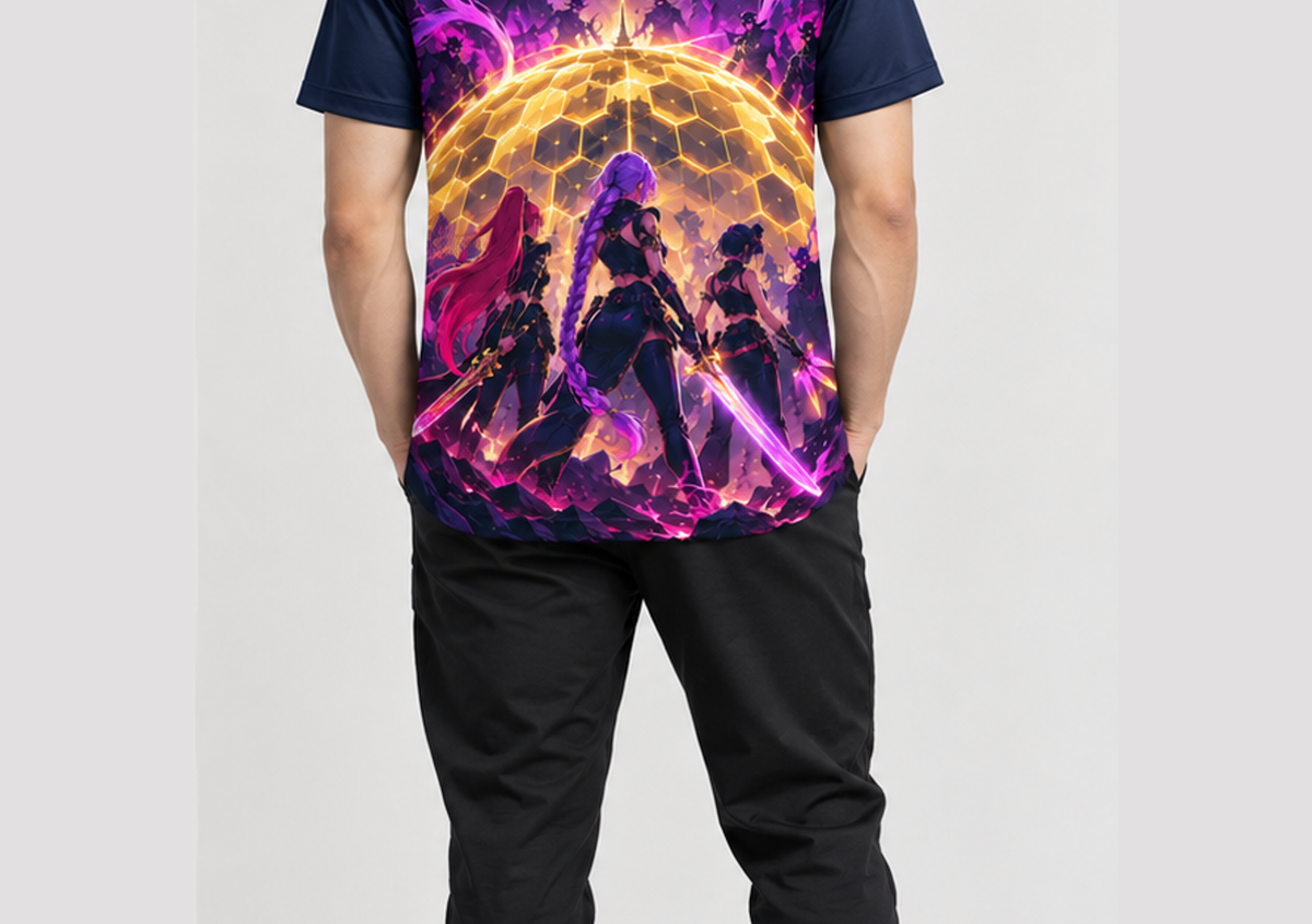 Camiseta K-Pop Demon Hunters Takedown Honmoon Guerreiras do K-Pop Dry-Fit Premium Unissex — modelo costas
