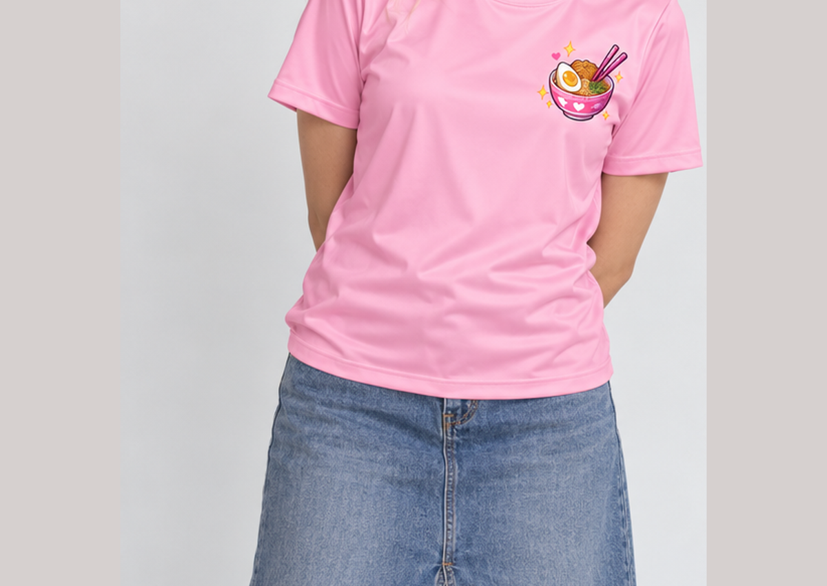 Camiseta K-Pop Demon Hunters Chibi Ramyeon Guerreiras do K-Pop Dry-Fit Premium Unissex — modelo frente