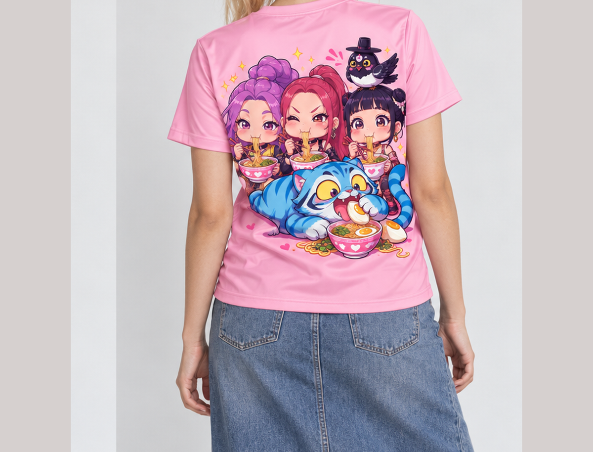 Camiseta K-Pop Demon Hunters Chibi Ramyeon Guerreiras do K-Pop Dry-Fit Premium Unissex — modelo costas