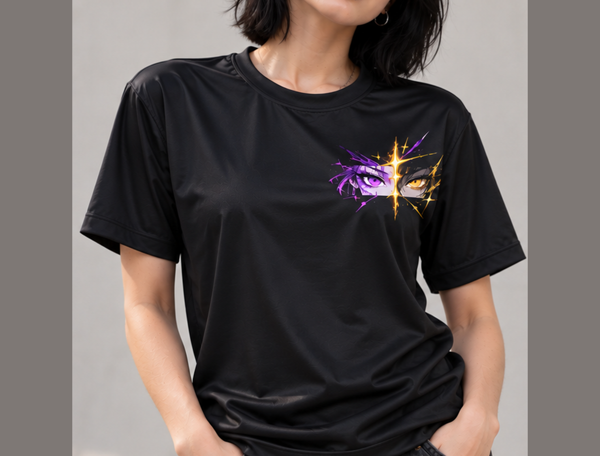 Camiseta K-Pop Demon Hunters Rumi x Jinu Guerreiras do K-Pop Dry-Fit Premium Unissex — modelo frente