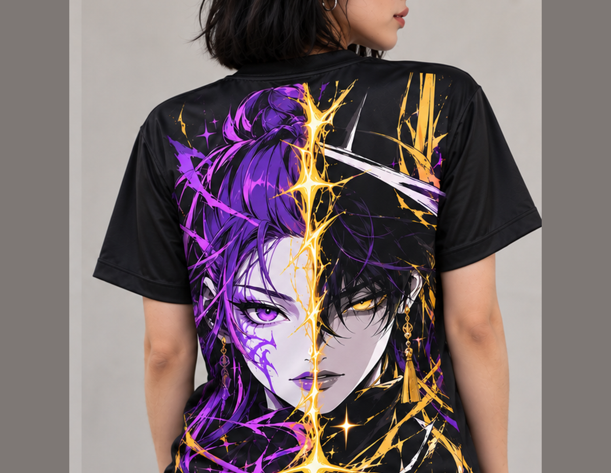Camiseta K-Pop Demon Hunters Rumi x Jinu Guerreiras do K-Pop Dry-Fit Premium Unissex — modelo costas