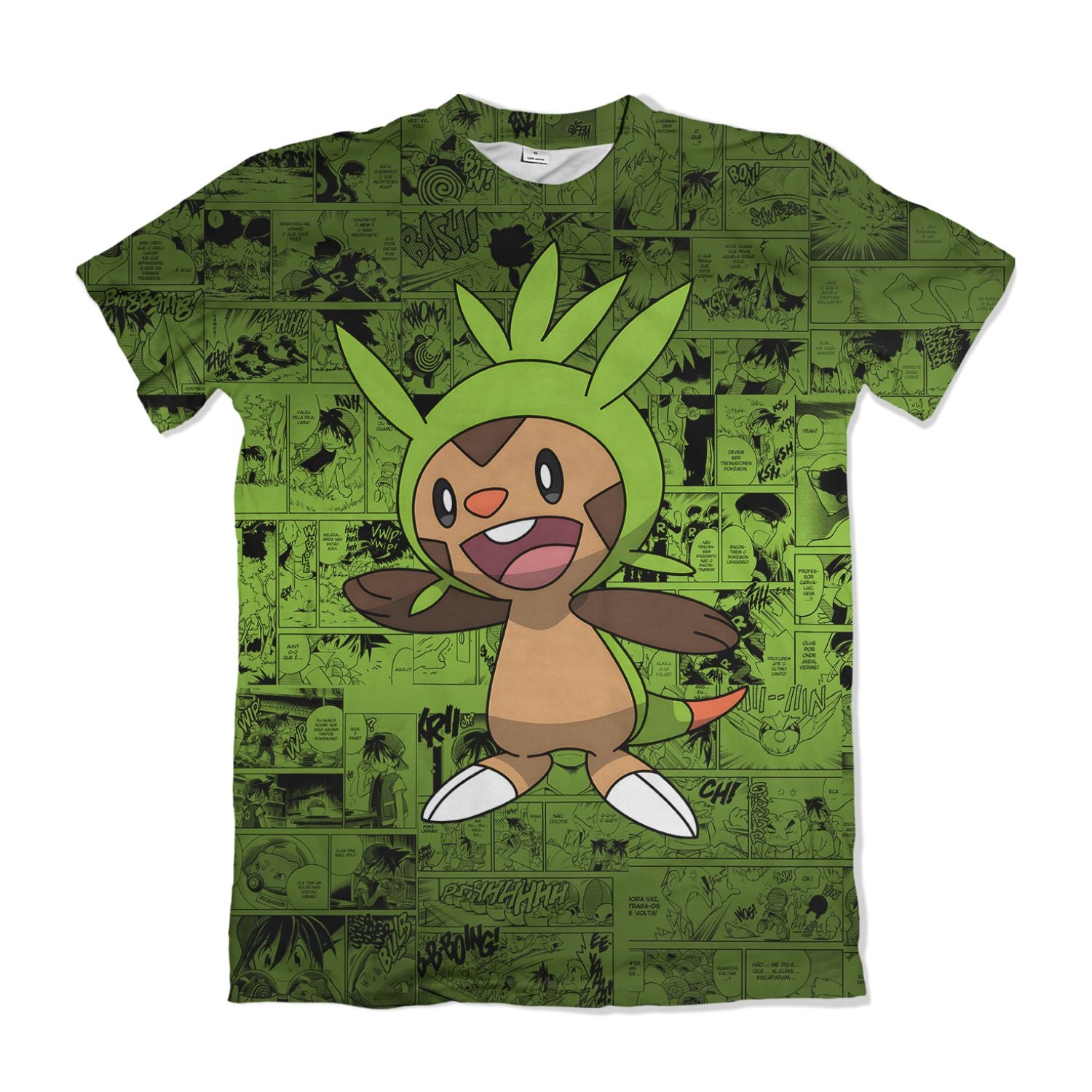 Camiseta Pokemón - Chespin, Mangá - Verde