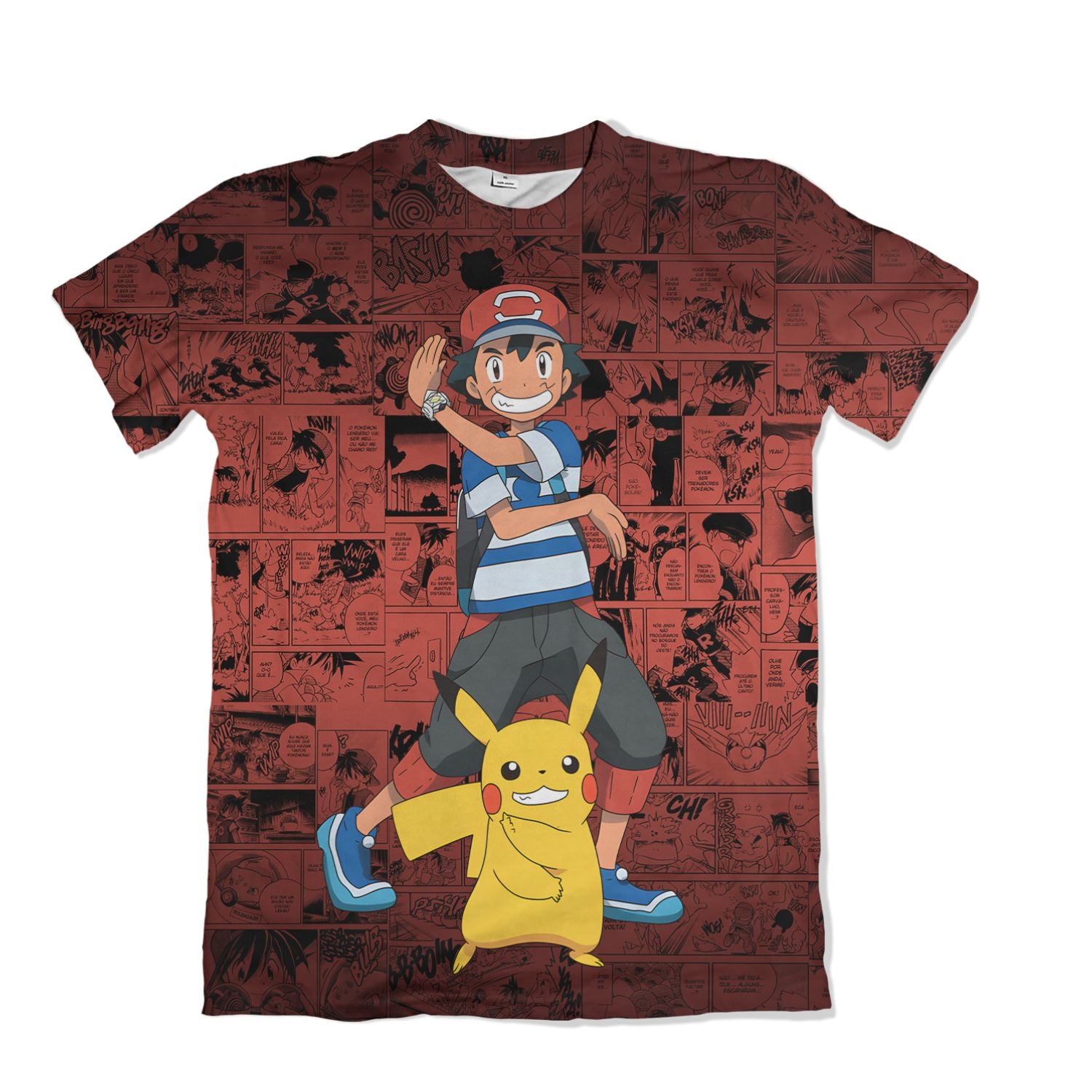Camiseta Pokemón - Ash e Pikachu C, Mangá - Vermelha