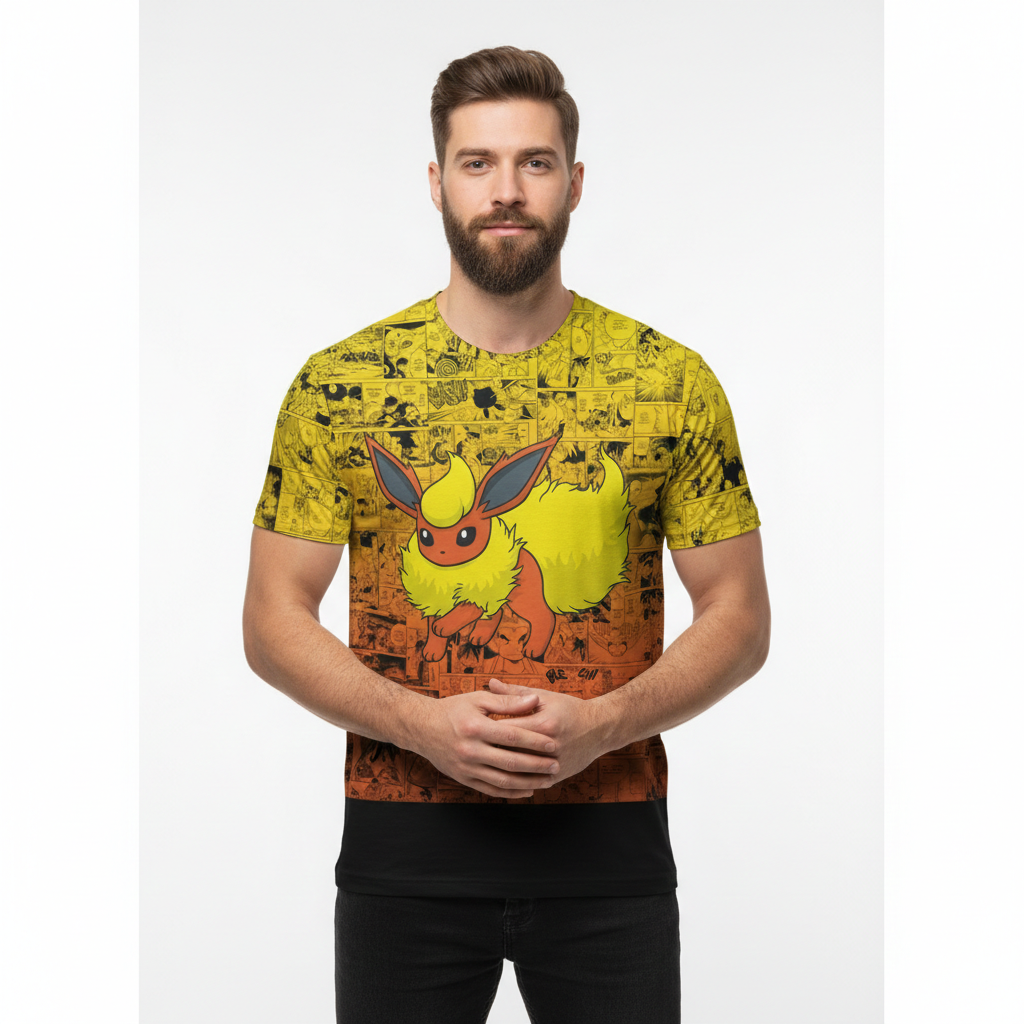Camiseta Pokémon Flareon, Mangá Laranja e Amarelo Dry-Fit Premium Unissex