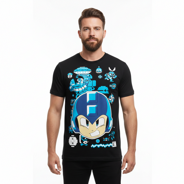 Camiseta Megaman Rosto e Inimigos Pixel Azul