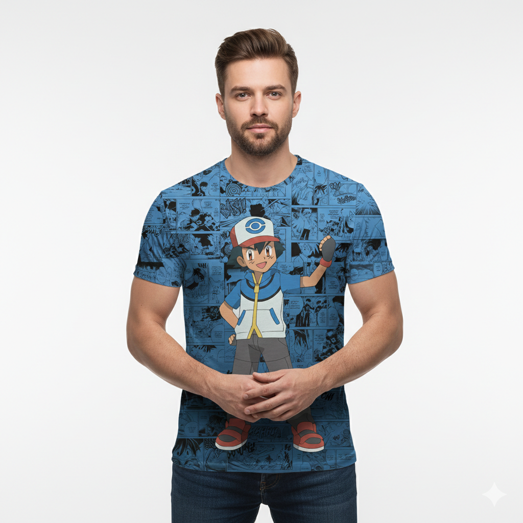 Camiseta Pokémon Ash Ketchum, Mangá Azul Dry-Fit Premium Unissex