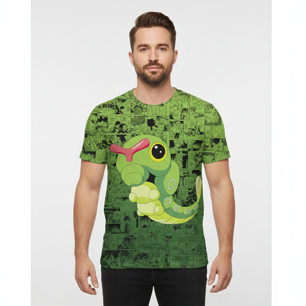 Camiseta Pokémon Caterpie, Mangá Verde Dry-Fit Premium Unissex