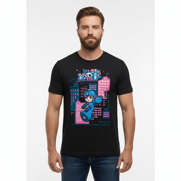 Camiseta Megaman Cidade Pixel Rosa