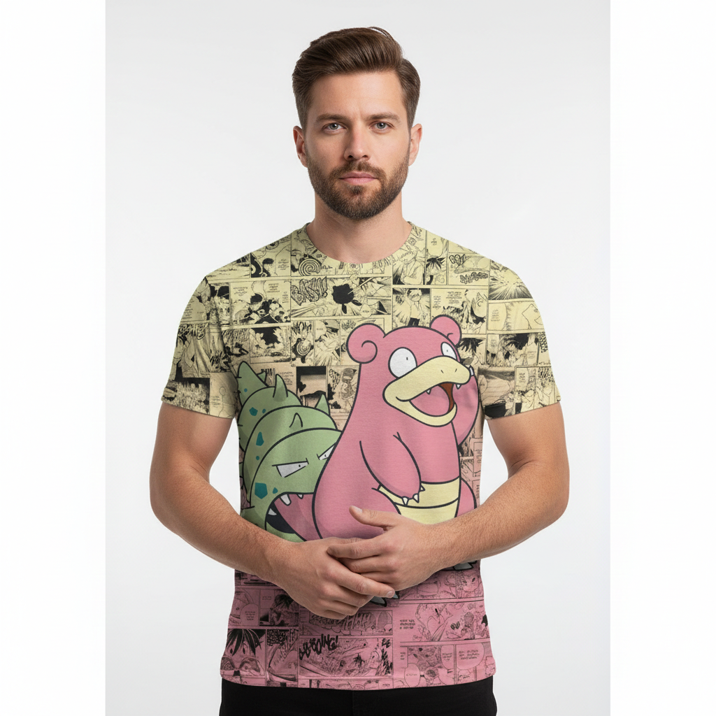 Camiseta Pokémon Slowbro, Mangá Bege e Rosa Dry-Fit Premium Unissex