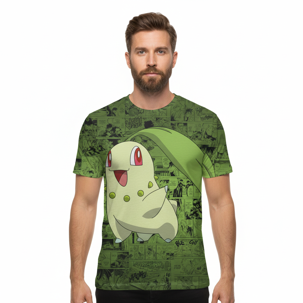 Camiseta Pokémon Chikorita, Mangá Verde Dry-Fit Premium Unissex