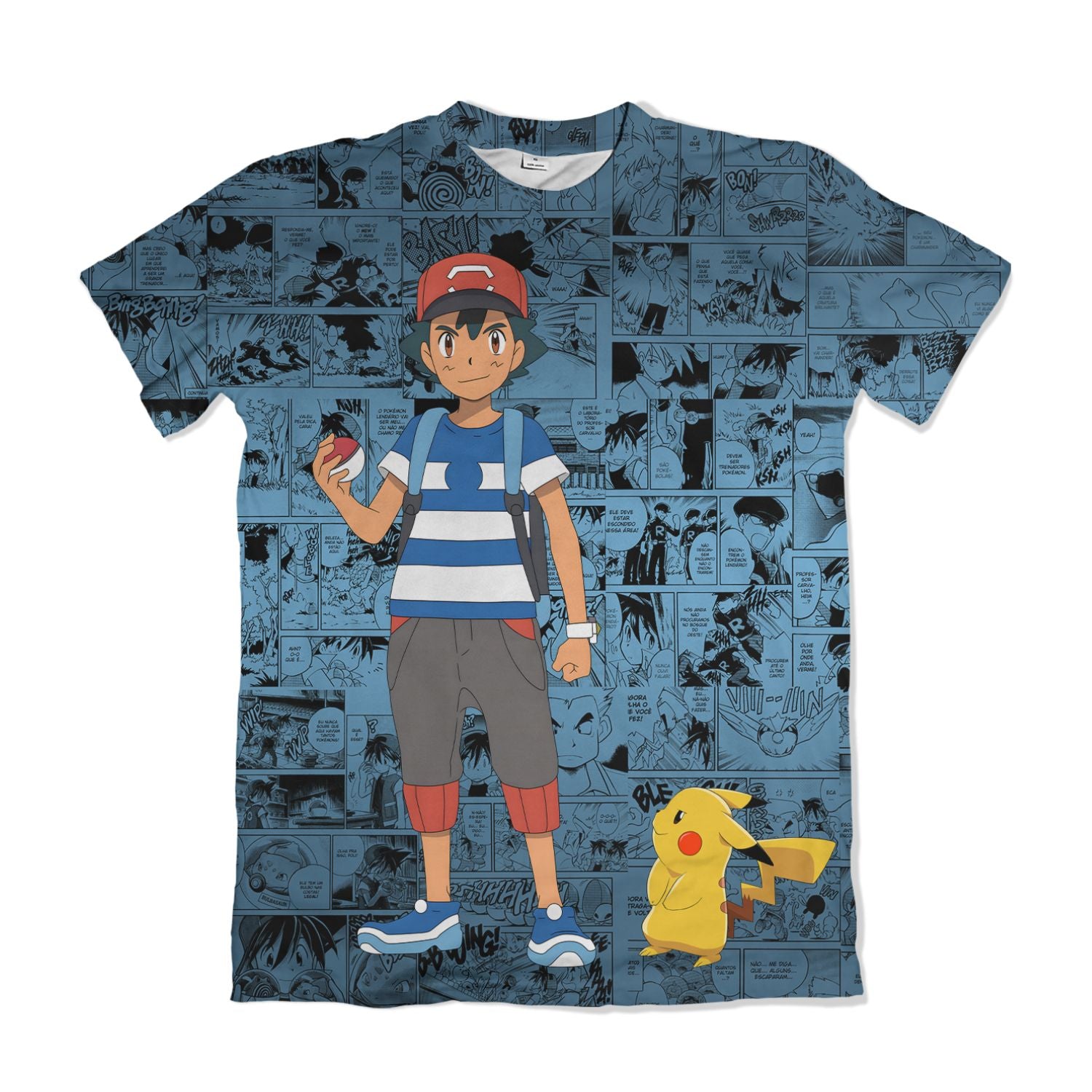 Camiseta Pokemón - Ash e Pikachu, Mangá - Azul