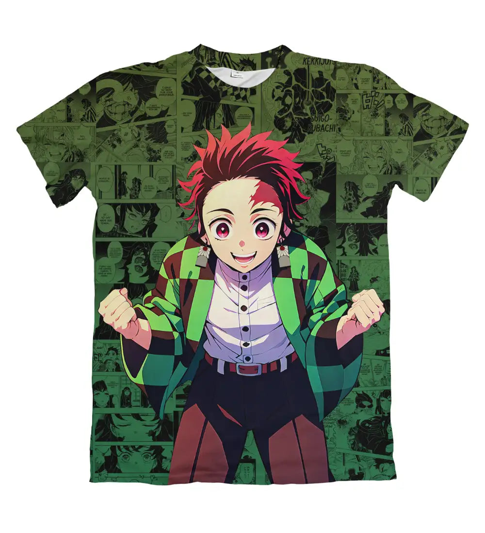 Camiseta Demon Slayer Mangá Tanjiro Punhos Fechados Fundo Verde