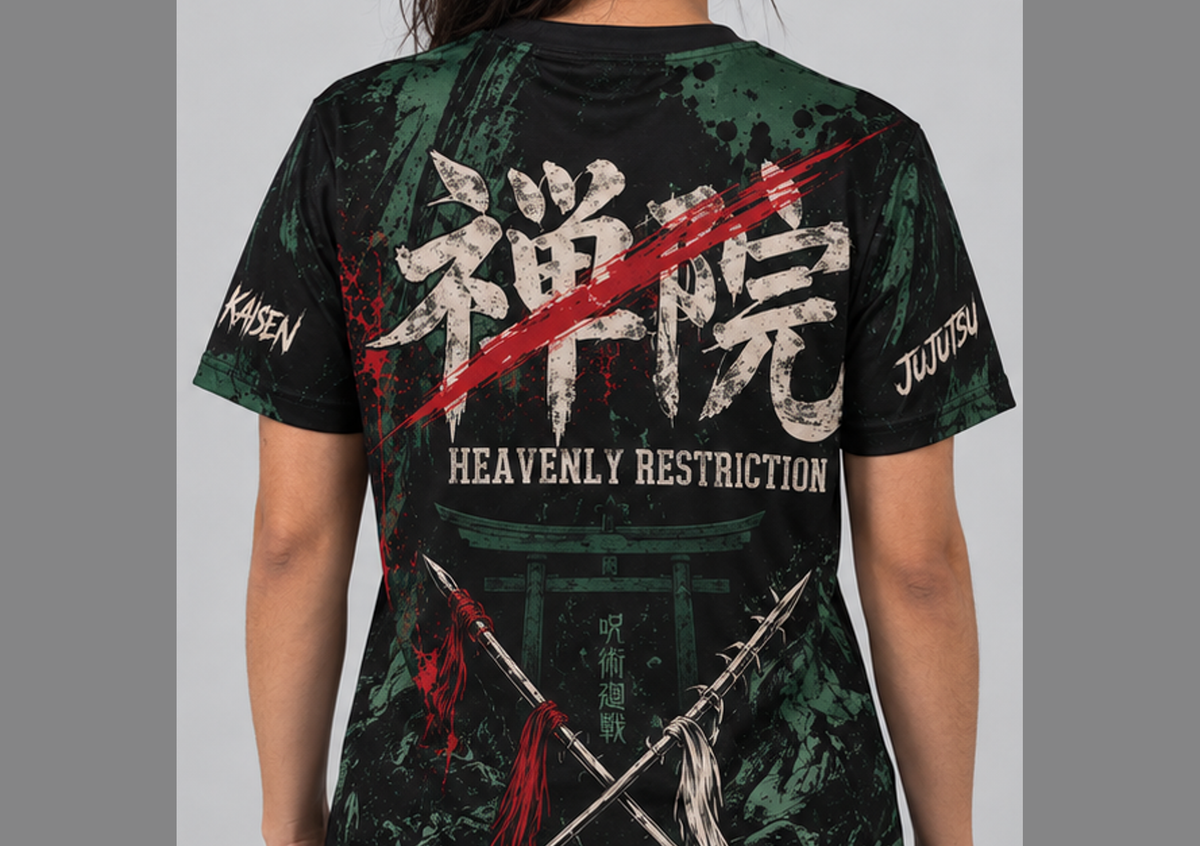 Camiseta Jujutsu Kaisen Maki Jogo do Abate Dry-Fit Premium Unissex — modelo costas