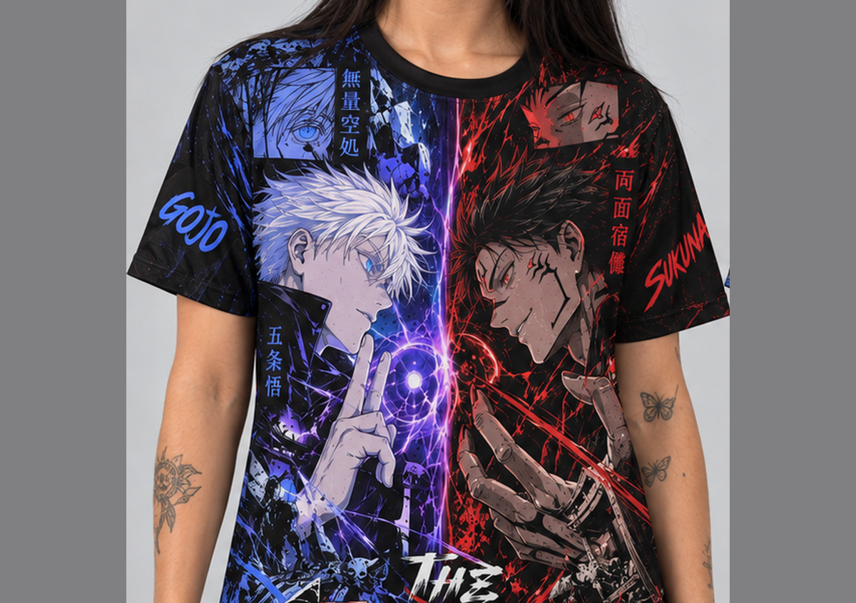 Camiseta Jujutsu Kaisen Sukuna x Gojo Jogo do Abate Dry-Fit Premium Unissex — modelo frente