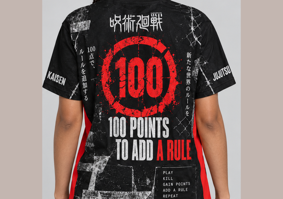 Camiseta Jujutsu Kaisen Tipográfica Jogo do Abate Dry-Fit Premium Unissex — modelo costas