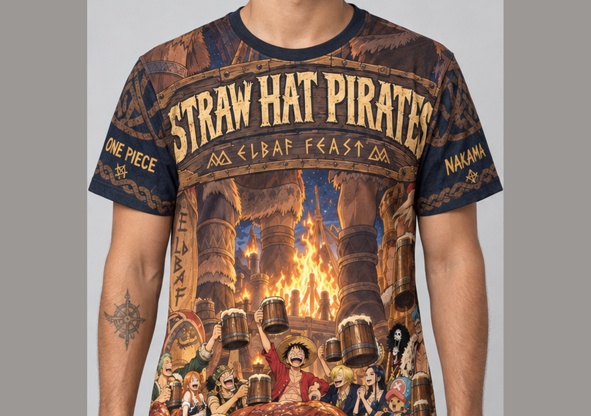 Camiseta One Piece Chapéus de Palha Elbaf Dry-Fit Premium Unissex — modelo frente