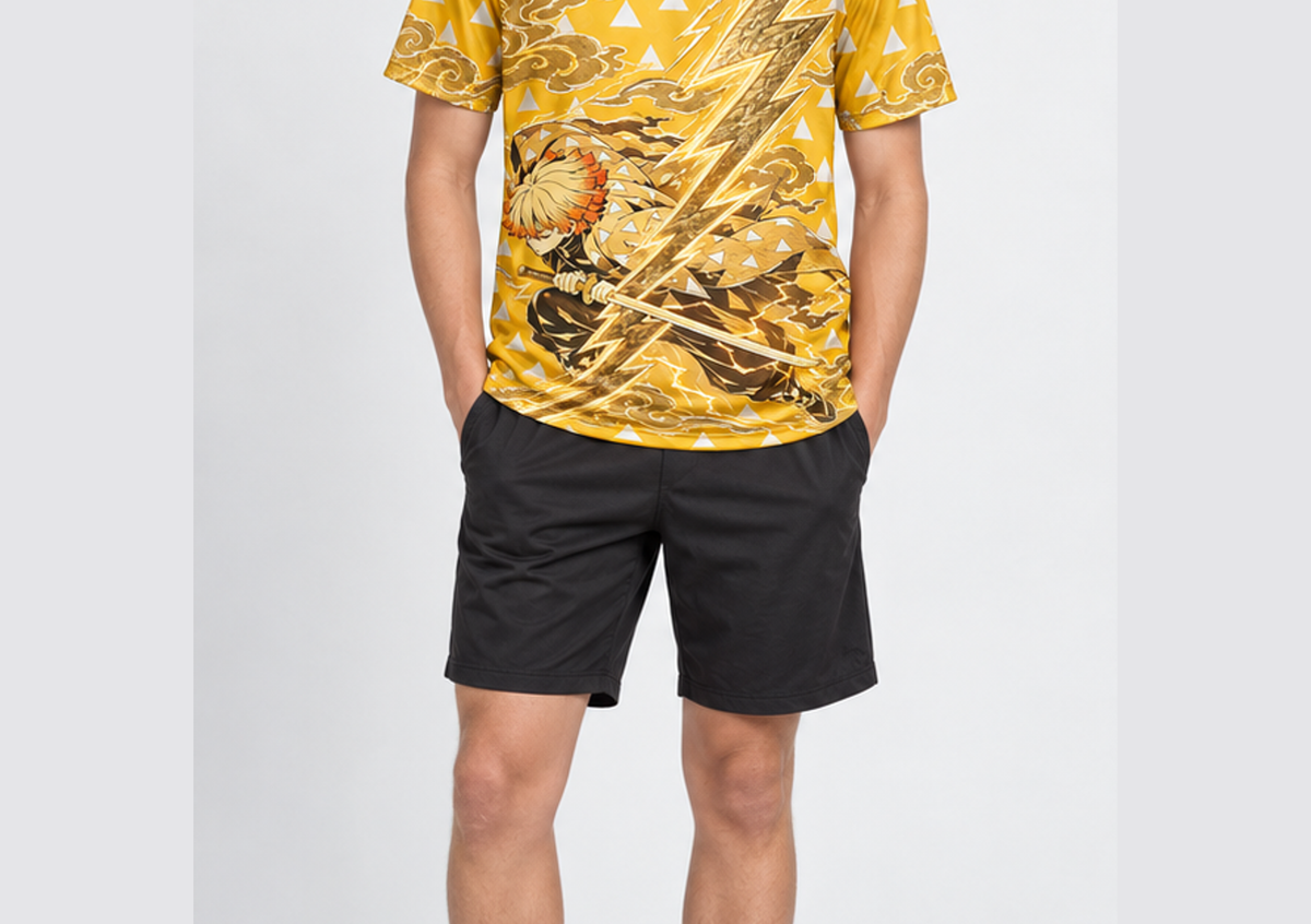 Camiseta Demon Slayer Zenitsu Escamas do Trovão Castelo Infinito Dry-Fit Premium Unissex — modelo frente