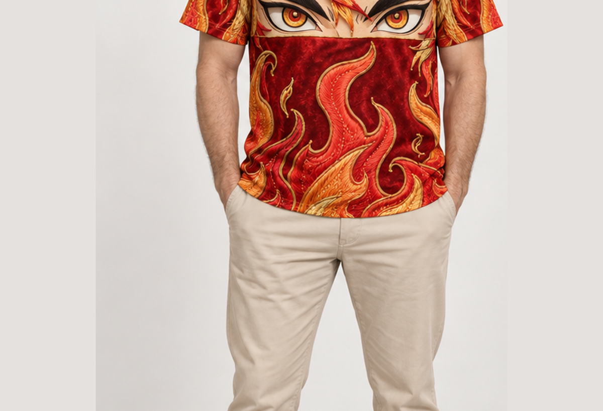 Camiseta Demon Slayer Rengoku Chamas Castelo Infinito Dry-Fit Premium Unissex — modelo frente
