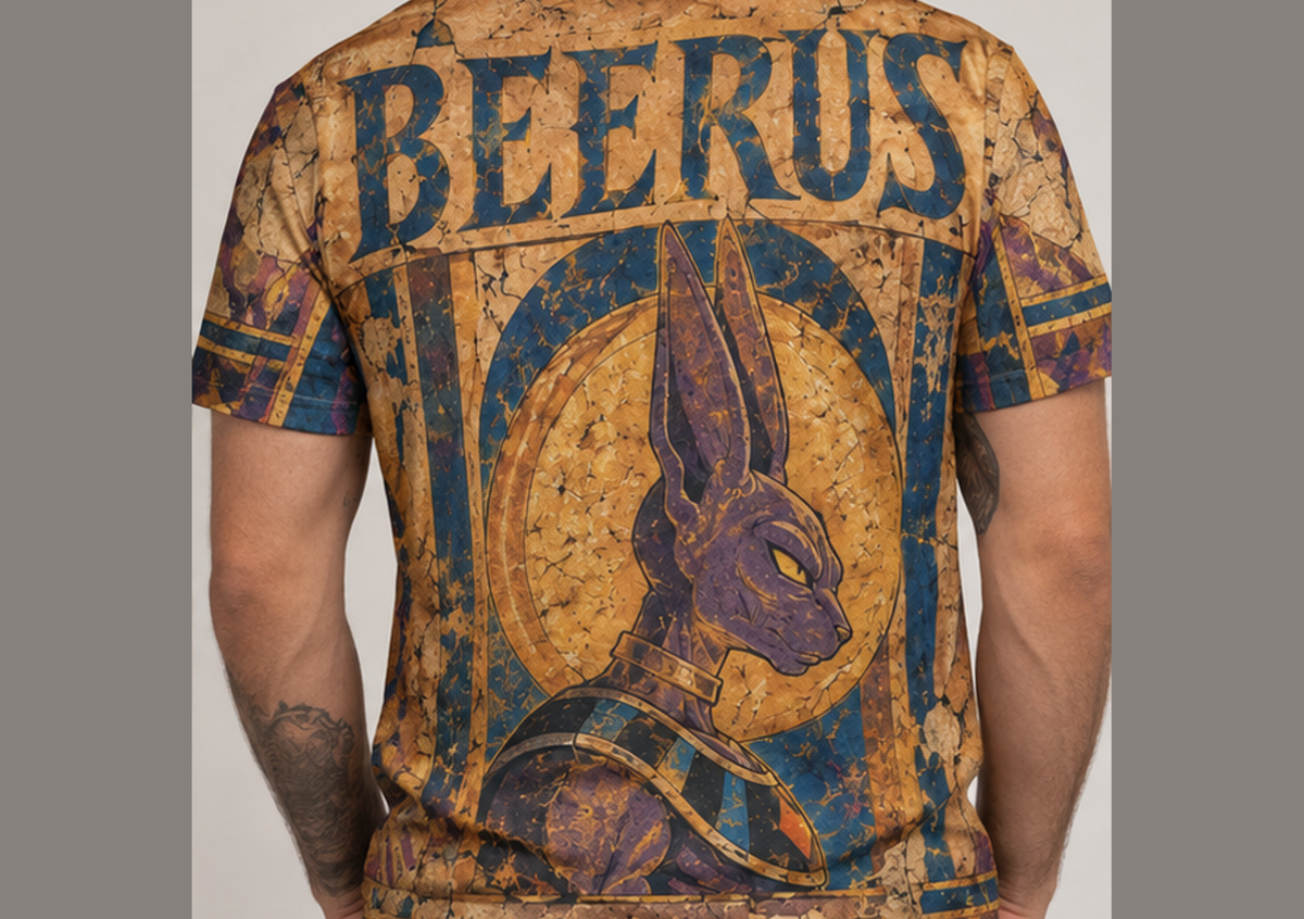 Camiseta Dragon Ball Beerus Egípcio Era Beerus Dry-Fit Premium Unissex — modelo costas