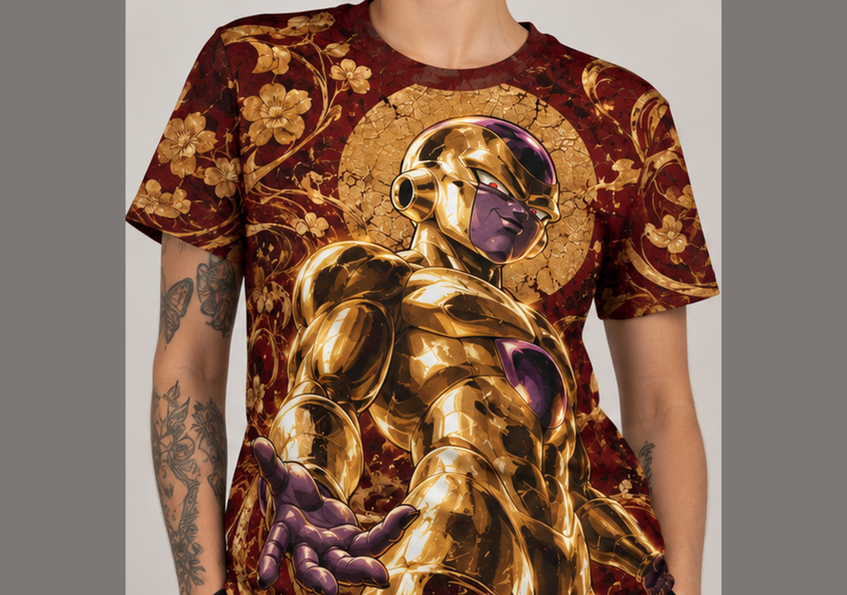 Camiseta Dragon Ball Freeza Dourado Urushi Era Beerus Dry-Fit Premium Unissex — modelo frente