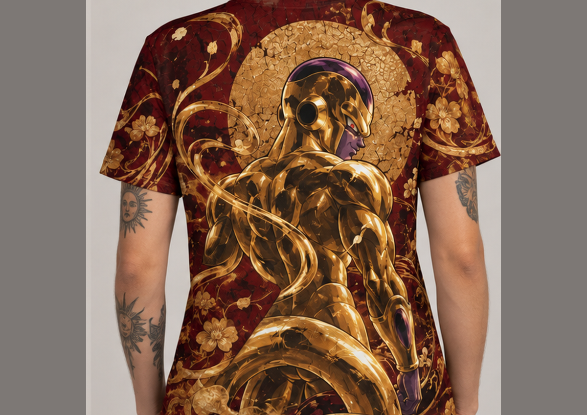 Camiseta Dragon Ball Freeza Dourado Urushi Era Beerus Dry-Fit Premium Unissex — modelo costas