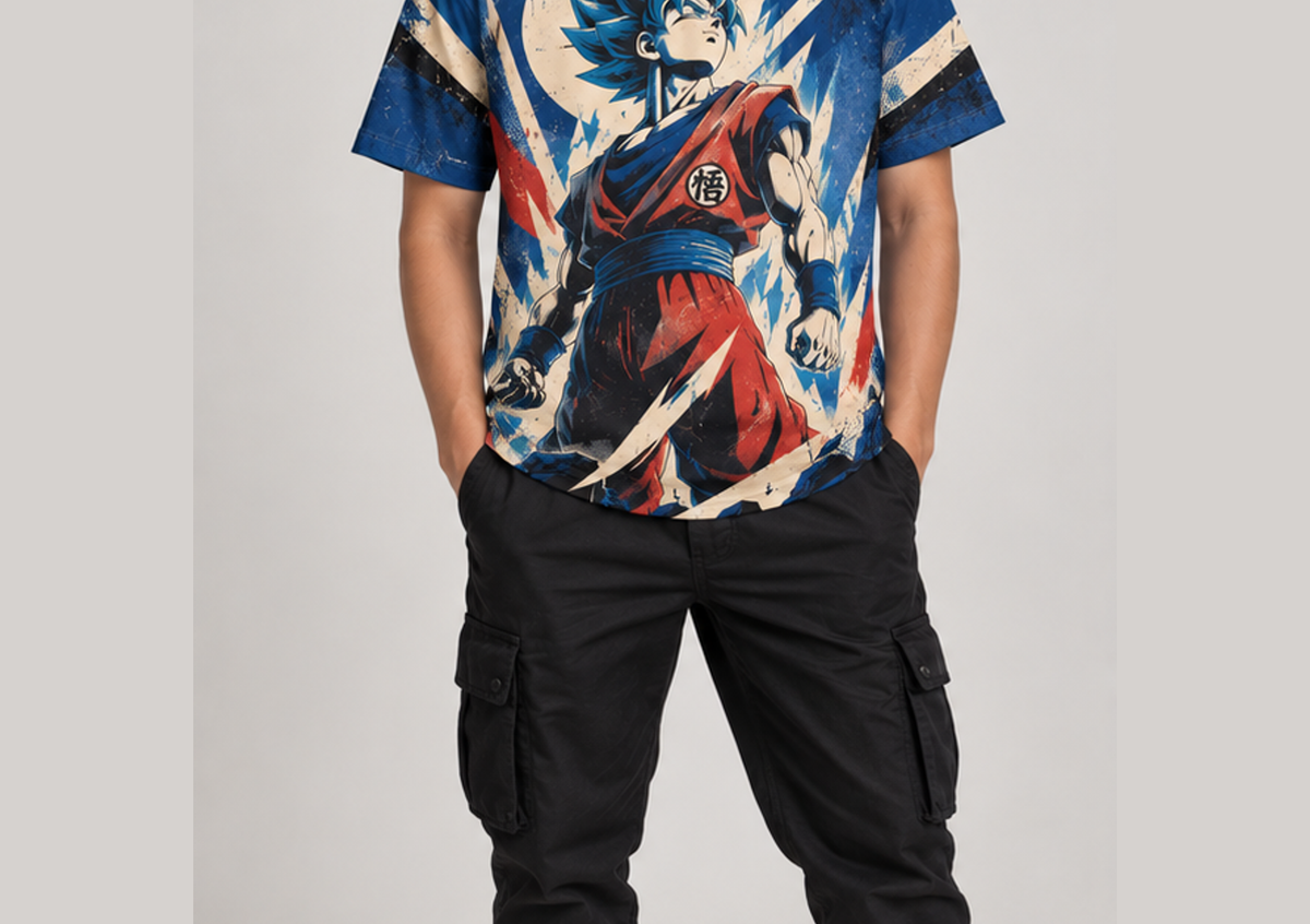 Camiseta Dragon Ball Goku Blue Construtivista Era Beerus Dry-Fit Premium Unissex — modelo frente