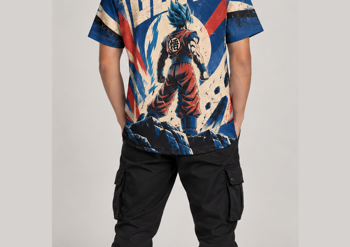 Camiseta Dragon Ball Goku Blue Construtivista Era Beerus Dry-Fit Premium Unissex — modelo costas