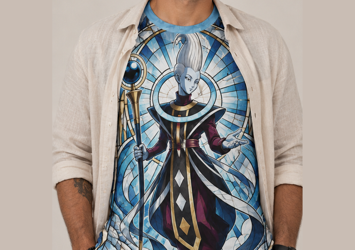 Camiseta Dragon Ball Whis Vitral Era Beerus Dry-Fit Premium Unissex — modelo frente